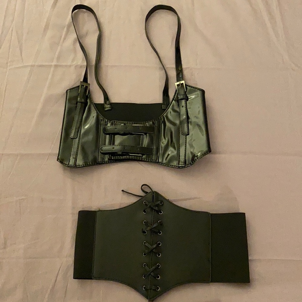 Faux leather corset belt and black buckle harness belt